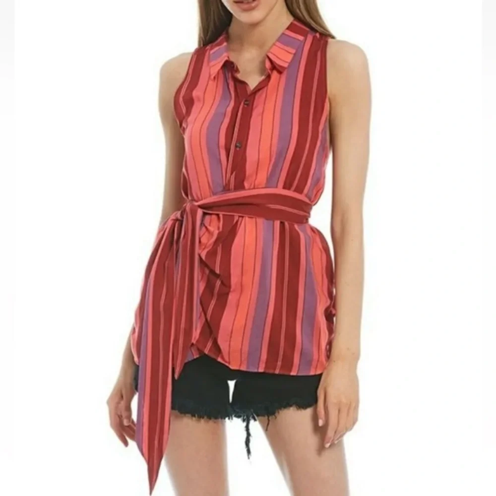 Free People Mackenzie Striped Sleeveless Tie Wrap Multicolor Top Shirt medium
